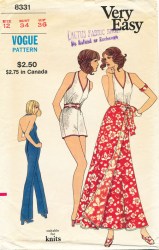 8331 VOGUE EASY LONG OR SHORT HALTER TOP JUMPSUIT, LONG WRAP A LINE SKIRT 72 PATTERN 14
